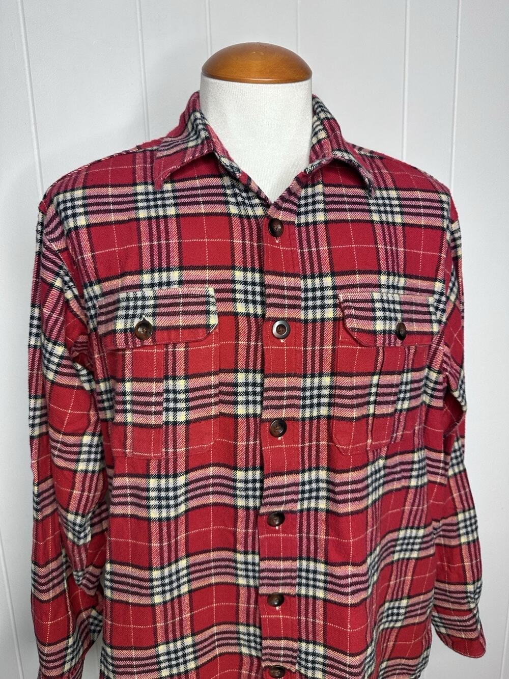Vintage Bills Khakis Red Plaid Tartan Flannel Work Shirt - Mens L - 90s USA